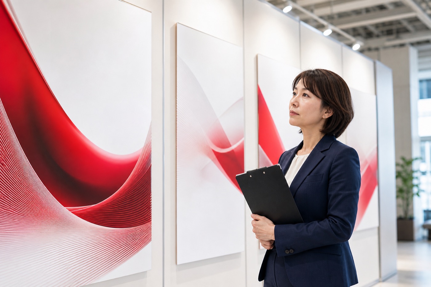展示会ブースでポスター・パネルを見る来場者